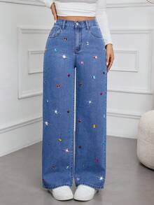 Quần ống rộng denim màu trơn phong cách đường phố thời trang dành cho nữ, ống rộng có túi đính đá pha lê, không co giãn, mềm mại và thoải mái khi mặc hàng ngày, mùa xuân/hè/thu/đông - Màu xanh lam - Xem 1