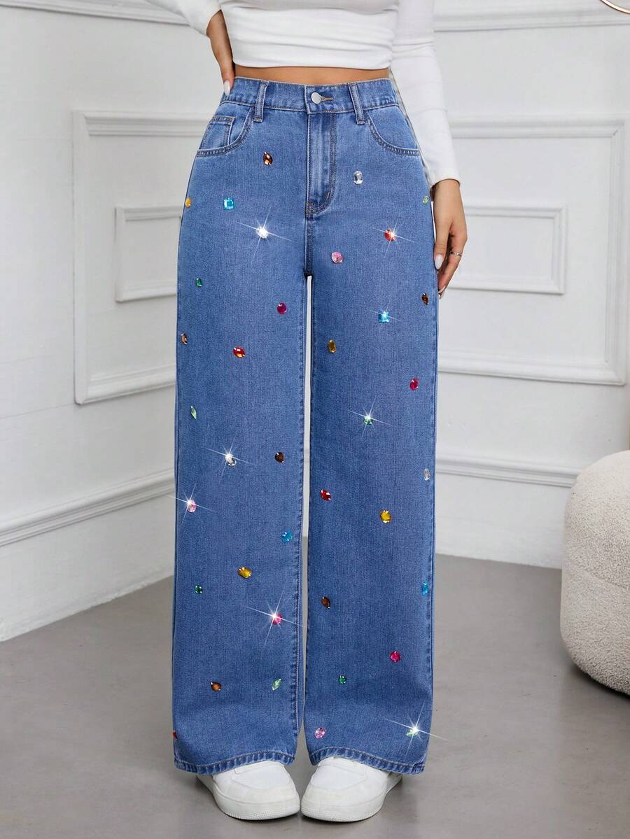 Quần ống rộng denim màu trơn phong cách đường phố thời trang dành cho nữ, ống rộng có túi đính đá pha lê, không co giãn, mềm mại và thoải mái khi mặc hàng ngày, mùa xuân/hè/thu/đông - Màu xanh lam - Xem 1