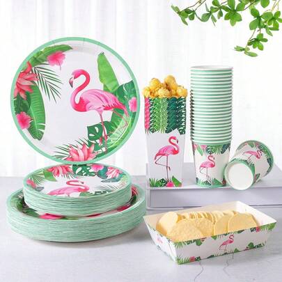 Rote Blume, grünes Blatt, Flamingo Muster Einweg Teller, Becher, Popcorn Boxen, Lebensmittelbehälter Set, Partyartikel geeignet für 24 Gäste, Einweg Pappteller Party Geschirr Set für Geburtstag, Hochzeit, Party, Familien Picknick