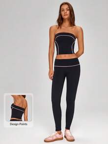 MASKERT 两件套高弹柔软舒适女士运动套装，适合健身房瑜伽跑步锻炼休闲健身女装 - 黑色 - 查看 1