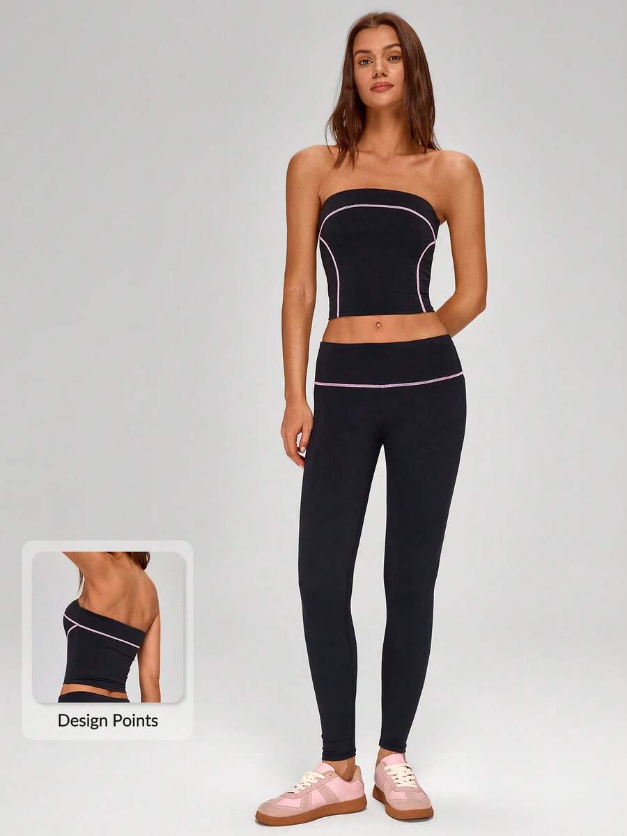 MASKERT 两件套高弹柔软舒适女士运动套装，适合健身房瑜伽跑步锻炼休闲健身女装 - 黑色 - 查看 1