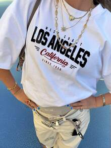 女装夏季新款简约洛杉矶口号印花休闲度假风宽松百搭圆领短袖T恤时尚日常上衣适合日常度假穿着