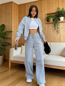 Women's New Casual Suit Autumn/Winter Cardigan Sportswear Women's Fashion Zipper Long Sleeved Jacket Long Pants Two-Piece Set - 淺藍色 - 查看 6