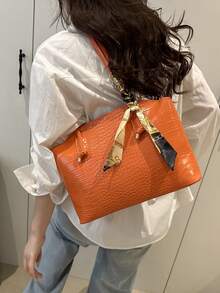 1件装女士时尚通勤纯色压纹单肩包，便携多功能大容量单肩手提包，适合约会、购物、外出、旅行，附赠围巾 - 橘色 - 查看 4