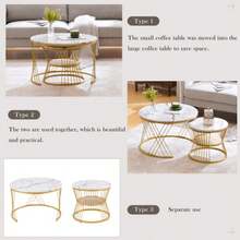 (WF319028AAA) Modern Nesting Coffee Table, High Gloss Coffee Table Set, Marble Veneer Sofa Side Nest Of Tables Round End Tables, Set Of 2, Gold Color Frame - White - View 4