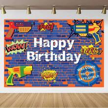 Telón de fondo para fiesta de cumpleaños de niños con dardos y pistolas de agua - Sin baterías requeridas, sin plumas, perfecto para celebraciones temáticas - Multicolor - Ver 43