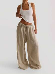 SOLTRB 新款亚麻休闲宽松阔腿裤，女士款，抽绳腰带设计，多口袋，适合海滩度假和日常穿着。 - 杏色 - 查看 3