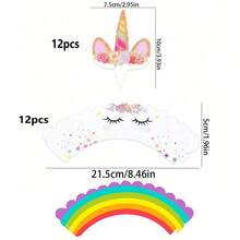 24pcs Unicorn Design Cake Topper, Creative Unicorn Design Cake Top Decoration & Cupcake Wrap Card For Party, Holiday - Multicolor - View 4