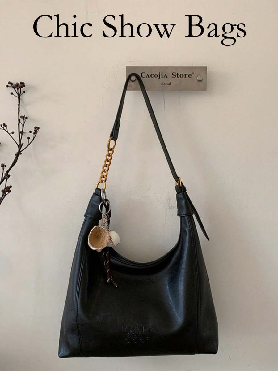 2025 1pc Women's Retro Tote Bag - Chic Textured, Large Capacity Convertible Shoulder Bag For Daily Use, Made Of PU Leather - Black - View 1