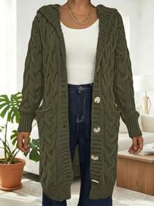 Áo khoác cardigan nữ thời trang mới, kiểu dáng thường ngày, có mũ, chất liệu dệt xoắn, dáng dài ngang gối, màu trơn, cài nút. - xanh quân đội - Xem 3