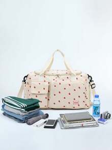 1pc Strawberry Pattern Corduroy Travel Bag, Large Capacity, Can Store Clothes And Electronics, With Separate Shoe Compartment And Waterproof Pocket, Adjustable Shoulder Strap, Suitable For Travel, Swimming, Sports And Fitness - Multicolor - View 7