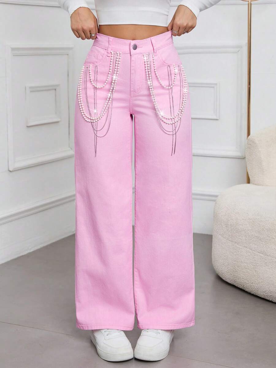 Women's Fashionable Street-Style Solid Color Casual Elegant Denim Pocket Metal Chain Pearl Waistband Wide Leg Pants, Non-Stretch, Pink, Suitable For Holidays, Daily Wear, Spring/Summer/Autumn/Winter - Pink - View 1