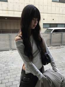 不对称领纽扣修身长袖T恤上衣，韩版 - 白色 - 查看 4