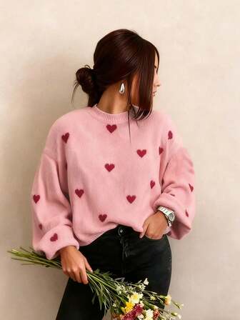 Suéter holgado con estampado de corazón, casual y lindo para mujeres en otoño e invierno, de cuello redondo y manga larga, suéter básico de talla grande, ropa casual de negocios para mujer, blusas de otoño, suéteres de otoño, ropa de mujer de otoño e invierno, ropa de otoño e invierno
