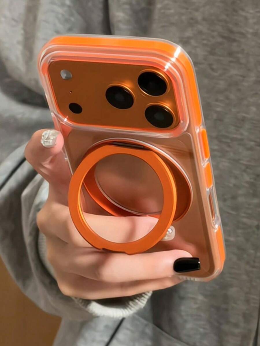 1pc Anti-Drop Candy Color Frame 360 Multi-Angle Movable Ring Holder Clear Magnetic Phone Case Compatible With IPhone 17 Pro Max 17 Pro 16 15 14 13 12 Pro Max Plus Hard PC Cover Dopamine Color - 橘色 - 查看 1