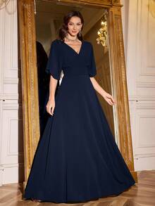 Volly Toych 藏蓝色优雅高贵V领半袖长款伴娘礼服，饰有垂褶荷叶边雪纺长款正式伴娘礼服，新娘母亲礼服 - 藏蓝色 - 查看 3