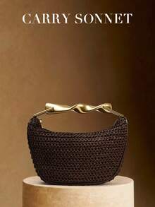 1pc Woven Bag, New Summer Design, Women Mini Zipper Woven Crossbody Bag, Straw Small Casual Handbag With Metal Handle, Perfect Accessory For Women Beach, Vacation, Holiday - Coffee Brown - View 1