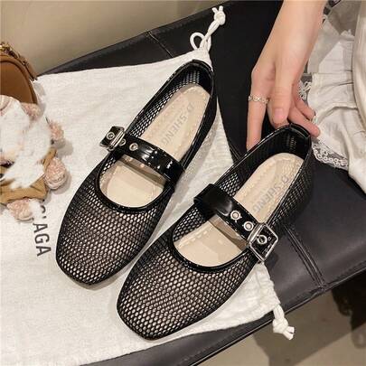 女士芭蕾舞鞋，春夏玛丽珍鞋，低鞋面透气厚带方扣黑色平底鞋