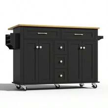 Carrito de cocina multifuncional con encimera abatible, extensible hasta 120*65 cm, con 5 cajones, armarios, especiero y toallero, con ruedas – isla de cocina para cocina, comedor y salón - Negro - Ver 7
