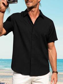 Mens Linen Shirt Classic Button Down Shirt Lightweight Casual Short Sleeve Blouse Holiday Summer Tops With Pocket - Black - View 3