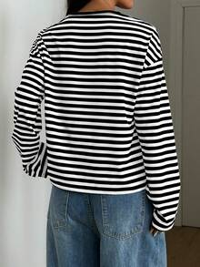 Women's Round Neck Drop Shoulder Long Sleeve Striped Contrast Ribbed Casual T-Shirt - Black and White - View 12