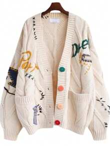 Embroidered Sweater Women's Fall Autumn Winter Letter Design Loose Knit Coat Fashion Autumn And Winter New Letter Design Loose Sweater Coat Embroidery V Neck Knit Cardigan Sweater Loose Open Front Button Down Long Sleeve Sweater  Women's Embroidered Heart Cardigan Sweater Button-Down Knitted Graphic Cardigan Coat Y2K Sweater With Pockets - trắng - Xem 12