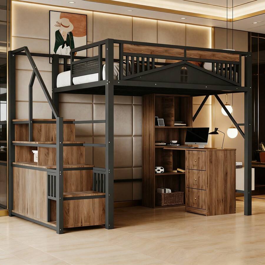 Kids Bed Frames, Headboards & Footboards - Black + Metal & Wood + 140cm*200cm-2 - View 1