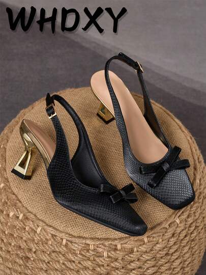 WHDXY Women's Black Textured Slingback Mule Shoes, 7cm Gold Asymmetric Chunky Heel, Bow Decor, Suitable For Commuting/Dating/Party