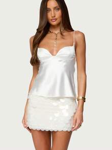 Wome's Silk Satin Cami Top Sleeveless Spaghetti Strap Ruched V Neck Tank Top Camisole - 白色 - 查看 5