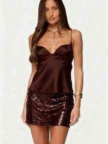 Wome's Silk Satin Cami Top Sleeveless Spaghetti Strap Ruched V Neck Tank Top Camisole - 深棕 - 查看 1