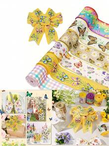 6 Rolls Colorful Butterfly & Daisy Plaid Ribbon, 2.5 Inch Width, Craft Ribbon For Spring/Summer Farmhouse Style, Gift Wrapping Bow, Sewing Floral Wreath Crafts - Multicolor - View 7