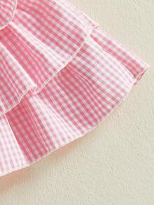 Toddler Girl Birthday Set Letter Embroidery Short Sleeve T Shirt And Tiered Ruffled Plaid Skirt Two Piece Outfit - 粉色 - 查看 5