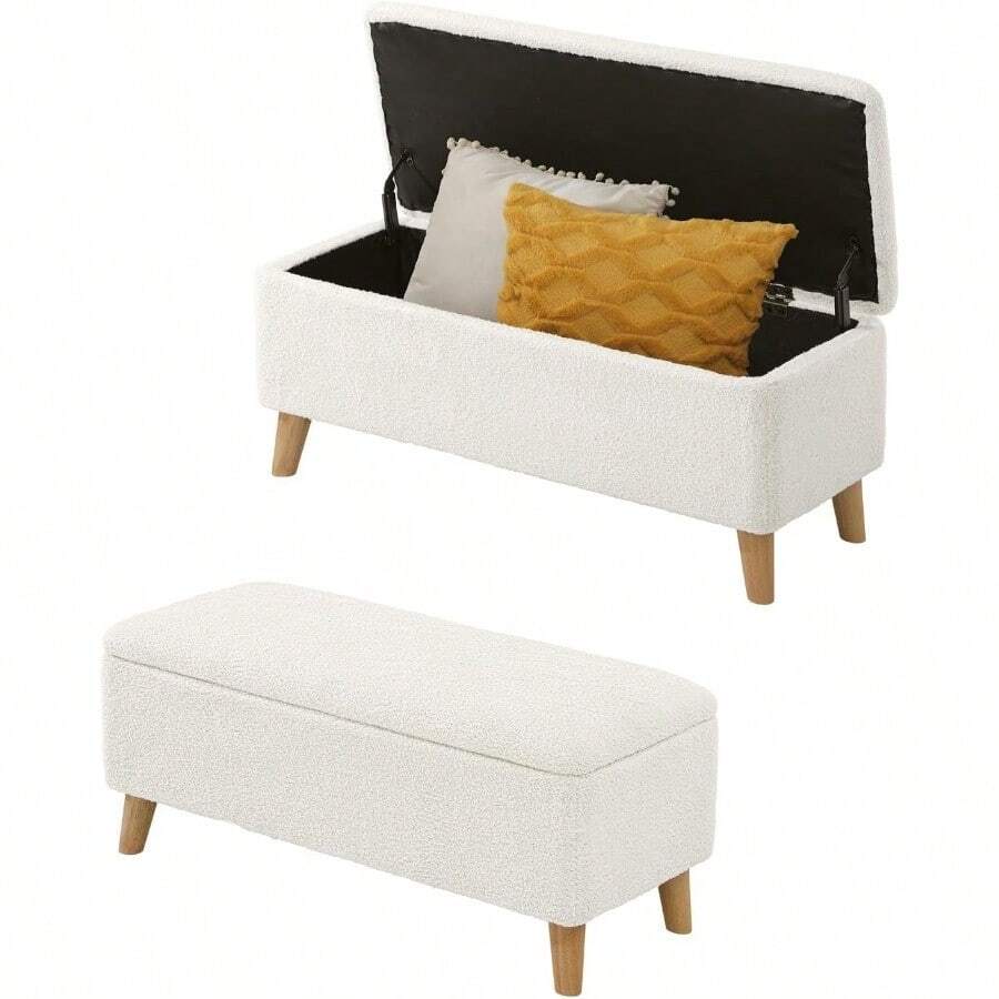 Storage Ottoman Bench With Wood Legs Foot Stool With Lift-Up Seat Large Ottoman With Foam Ottoman Footrest For Bedroom Dorm Living Room Blanket Box Chest Sherpa White - 白色 - 查看 1