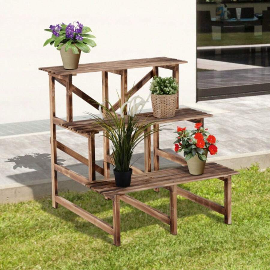 Outsunny 3-Tier Plant Shelf Made Of Fir Wood, 80 X 80 X 78 Cm, For Garden, Balcony And Terrace. - Brown - View 1