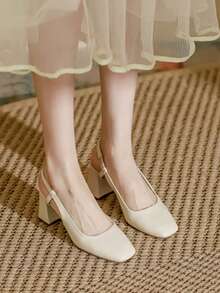 春夏新款复古方头法式高跟凉鞋，时尚闭趾高跟鞋，性感优雅的玛丽珍鞋，粗跟露后跟设计，适合约会、伴娘等各种场合，四季皆宜。 - 米色 - 查看 4