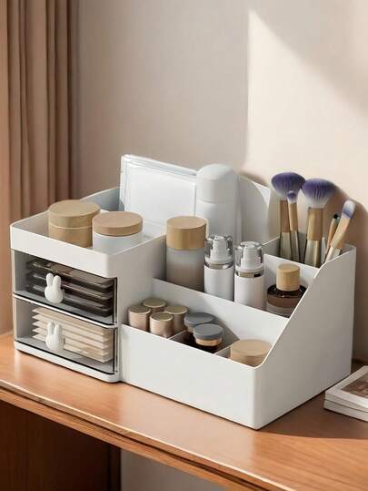 1pc White Makeup Storage Box, Divided With Drawers, Desk Organizer For Cosmetics, Skincare, Lipstick, Makeup Brushes, Eyeshadow, Nail Polish, Perfume, Suitable For Computer Desk, Office Desk, Vanity, Bathroom Cabinet, Bathroom Shelf, Home Decor, Stationery Holder, Rabbit Button Storage Box, Mother's Day Gift, Gift For Mom