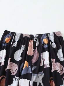 猫咪印花女士长袖睡衣套装 - 黑色 - 查看 6