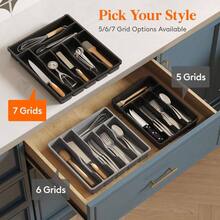 Silverware Tray, Cutlery Drawer Organizer Storage Kitchen, Plastic Flatware Utensil Holder Divider Spoons Forks Knives Tableware, 4 Compartment, Black - 12,3 x 14,2 inch (7 khe cắm) + Đen - Xem 8