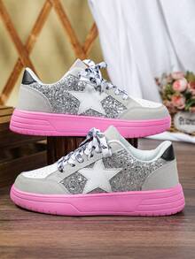 白色和灰色拼接银色亮片女士运动鞋，时尚户外滑板鞋，防污粉色EVA鞋底，系带，圆头，低帮，百搭，适合节日礼物、休闲外出、派对等场合，女士运动鞋 - 銀灰色粉底 - 查看 4