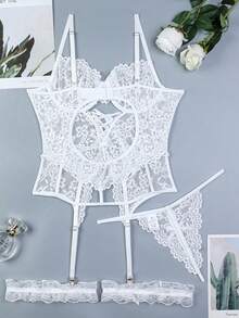 SOFUSEN 一套女士黑色蕾丝性感网纱拼接紧身内衣套装，性感内衣套装，睡衣，情人节，性感内衣