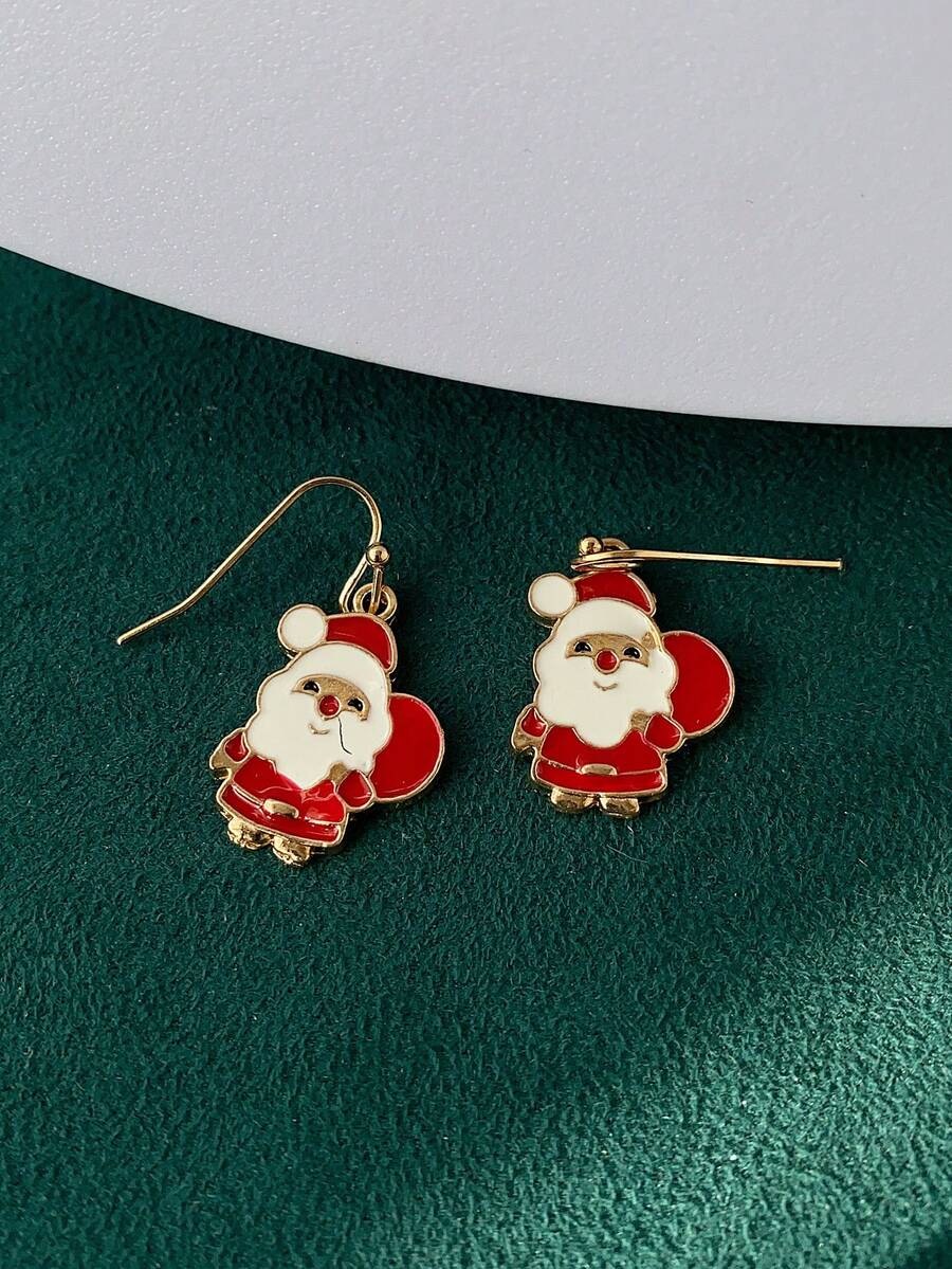 1 Pair Fashionable Christmas Enamel Snowman, Deer & Tree Earrings - Red Old Man - View 1