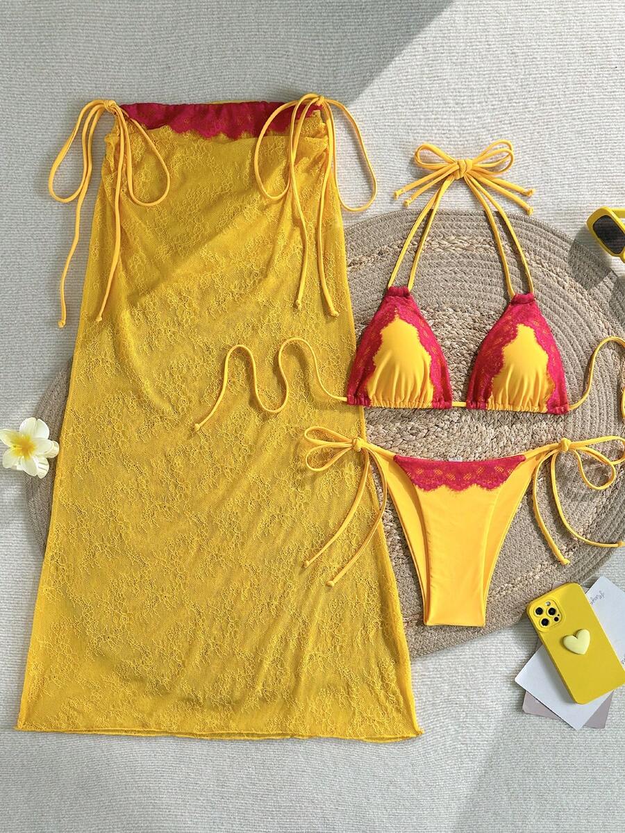Bộ đồ bơi bikini 3 mảnh ren xếp nếp Bohemian, trang phục đi biển thanh lịch, gợi cảm, mùa xuân/hè - Màu vàng - Xem 1
