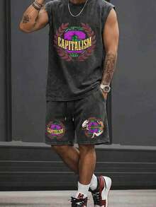 Men's Wash Water Worn Out Top Shorts Set - Black - View 1