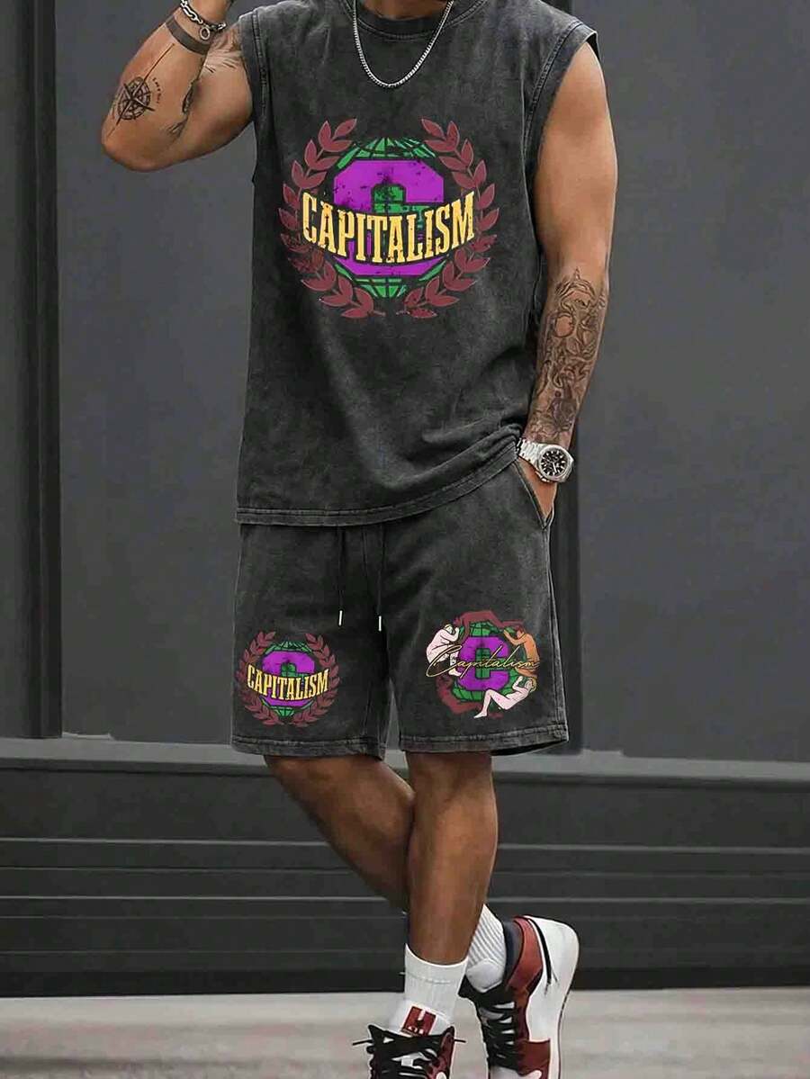 Men's Wash Water Worn Out Top Shorts Set - Black - View 1