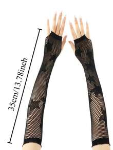1 双新款五角星图案网眼手套，带网眼拼接，弹性袖口，半指设计，派对风格，长款 - 黑色 - 查看 2