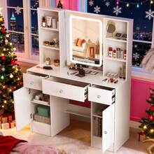 Weiß Schminktisch Frisiertisch und Hocker Spiegel LED Beleuchtung Kosmetiktisch - Weiss - Übersicht 6