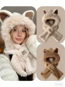 1pc Autumn/Winter Plush Warm Hat & Scarf Set - Thickened Riding Scarf With Ear Muffs And Cute Animal Pattern. Essential Autumn/Winter Item, Perfect Holiday Gift, Especially Suitable For Valentine's Day. - Multicolor - View 6
