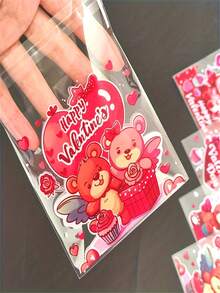 25/50/100pcs Valentine's Day Self-Adhesive Red Bear & Cute Little Bear Print Transparent Packaging Bags/Reticule/ - No-Seal Opening/ Closure, Gift Wrap For Parties, Birthdays, Valentines - Bulk Bundle - Multicolor - View 9
