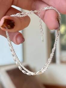 1 قطعة سوار أنيق مزدوج الطبقة، مع سلسلة مطلية بالفضة الفاخرة وتصميم ملمس، مناسب للارتداء اليومي وهو خيار مثالي لهدايا عيد الحب - مناسب لجميع المواسم - سوار أنفاس الطفل مزدوج الطبقات - مشاهدة 3