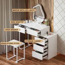 Dressing Table With Mirror And Stool Set, Modern Vanity Table Makeup Desk With 3 Color Lights Mirror & 5 Drawers, Bedroom White Dressing Table Set Cosmetics Dresser With Side Cabinet For Girls Women - 白色 - 查看 5